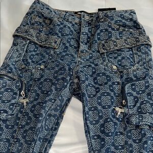 Stylish Blue Patterned Long Stack Skinny Jeans